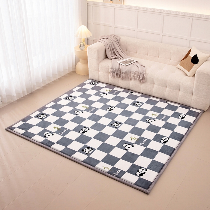 北辰 2025新款牛奶絨地墊打地鋪神器床邊墊床墊遮蓋物客廳地墊可定制 方格熊貓藍灰