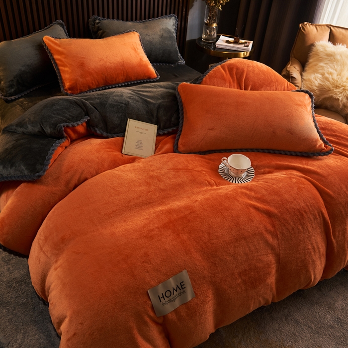 91家纺网 家纺一手货源 找家纺 早晨家纺 2025新款黑金牛奶绒纯色四件套-风格2 黑金-桔色