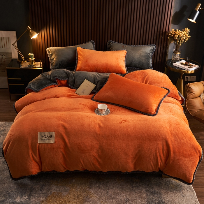 91家纺网 家纺一手货源 找家纺 早晨家纺 2025新款黑金牛奶绒纯色四件套-风格2 黑金-桔色