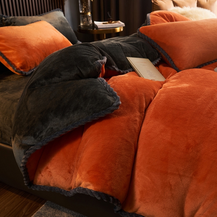 91家纺网 家纺一手货源 找家纺 早晨家纺 2025新款黑金牛奶绒纯色四件套-风格2 黑金-桔色