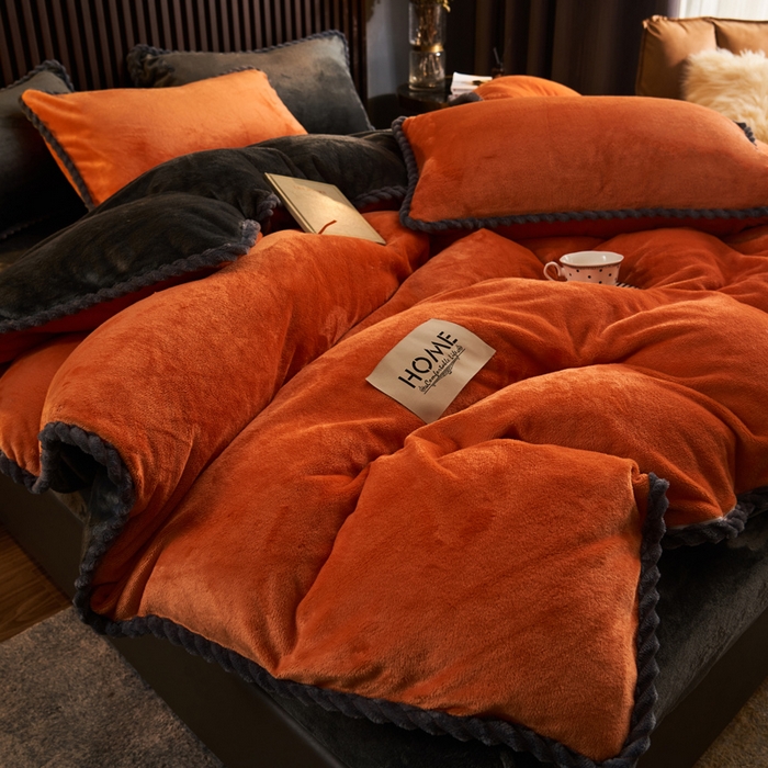 91家纺网 家纺一手货源 找家纺 早晨家纺 2025新款黑金牛奶绒纯色四件套-风格2 黑金-桔色