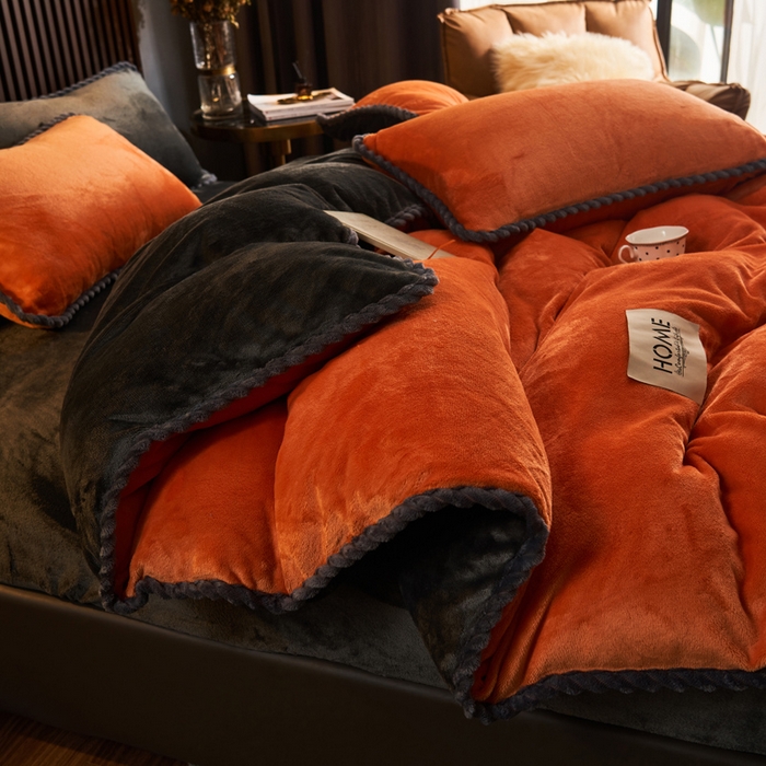 91家纺网 家纺一手货源 找家纺 早晨家纺 2025新款黑金牛奶绒纯色四件套-风格2 黑金-桔色