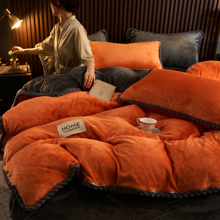 91家纺网 家纺一手货源 找家纺 早晨家纺 2025新款黑金牛奶绒纯色四件套-风格2 黑金-桔色