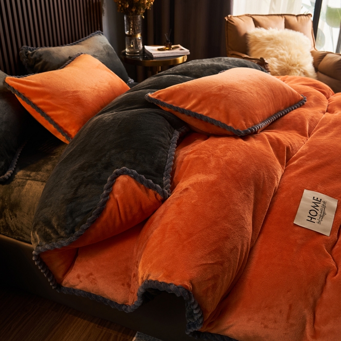 91家纺网 家纺一手货源 找家纺 早晨家纺 2025新款黑金牛奶绒纯色四件套-风格2 黑金-桔色