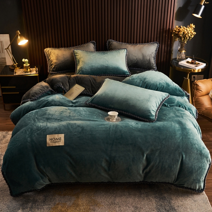 91家纺网 家纺一手货源 找家纺 早晨家纺 2025新款黑金牛奶绒纯色四件套-风格2 黑金-孔雀蓝