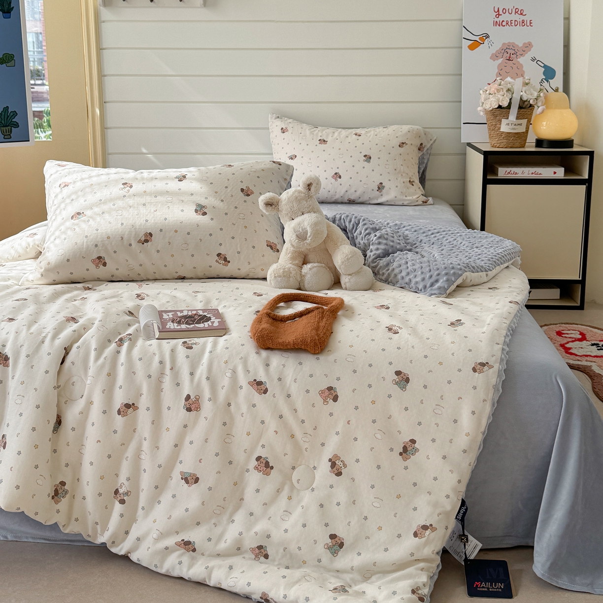 91家纺网 家纺一手货源 找家纺 麦伦家居 2025新款全棉双层纱3D豆豆被系列被子被芯（可配四件套） 星辰蓝