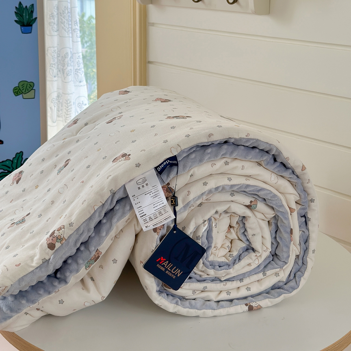 91家纺网 家纺一手货源 找家纺 麦伦家居 2025新款全棉双层纱3D豆豆被系列被子被芯（可配四件套） 星辰蓝