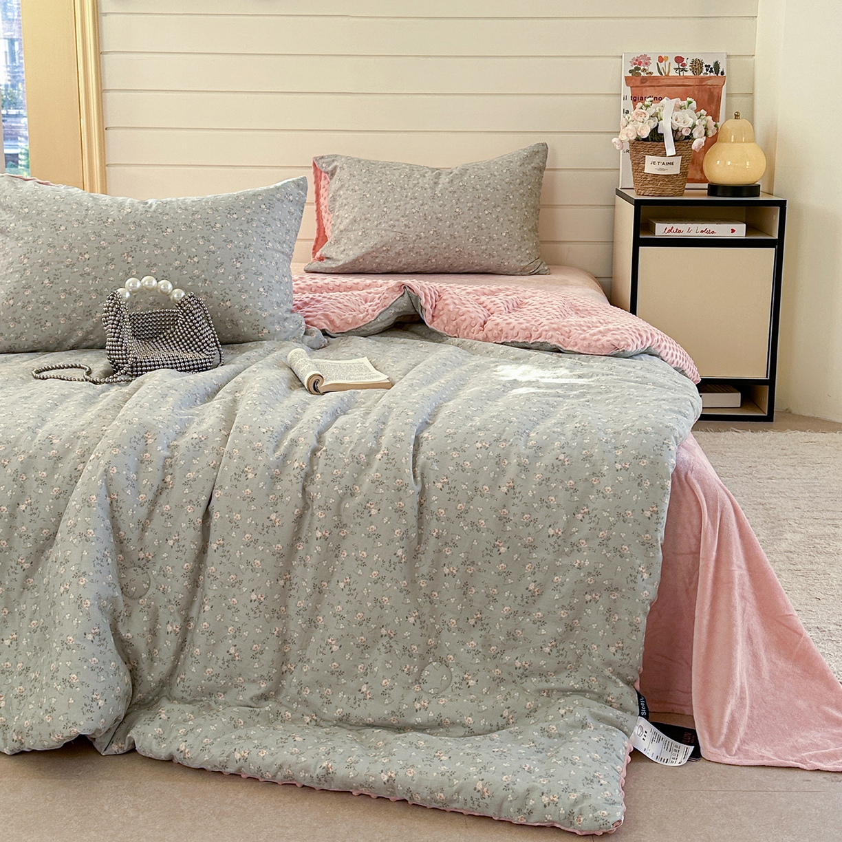 91家纺网 家纺一手货源 找家纺 麦伦家居 2025新款全棉双层纱3D豆豆被系列被子被芯（可配四件套） 星奈绿