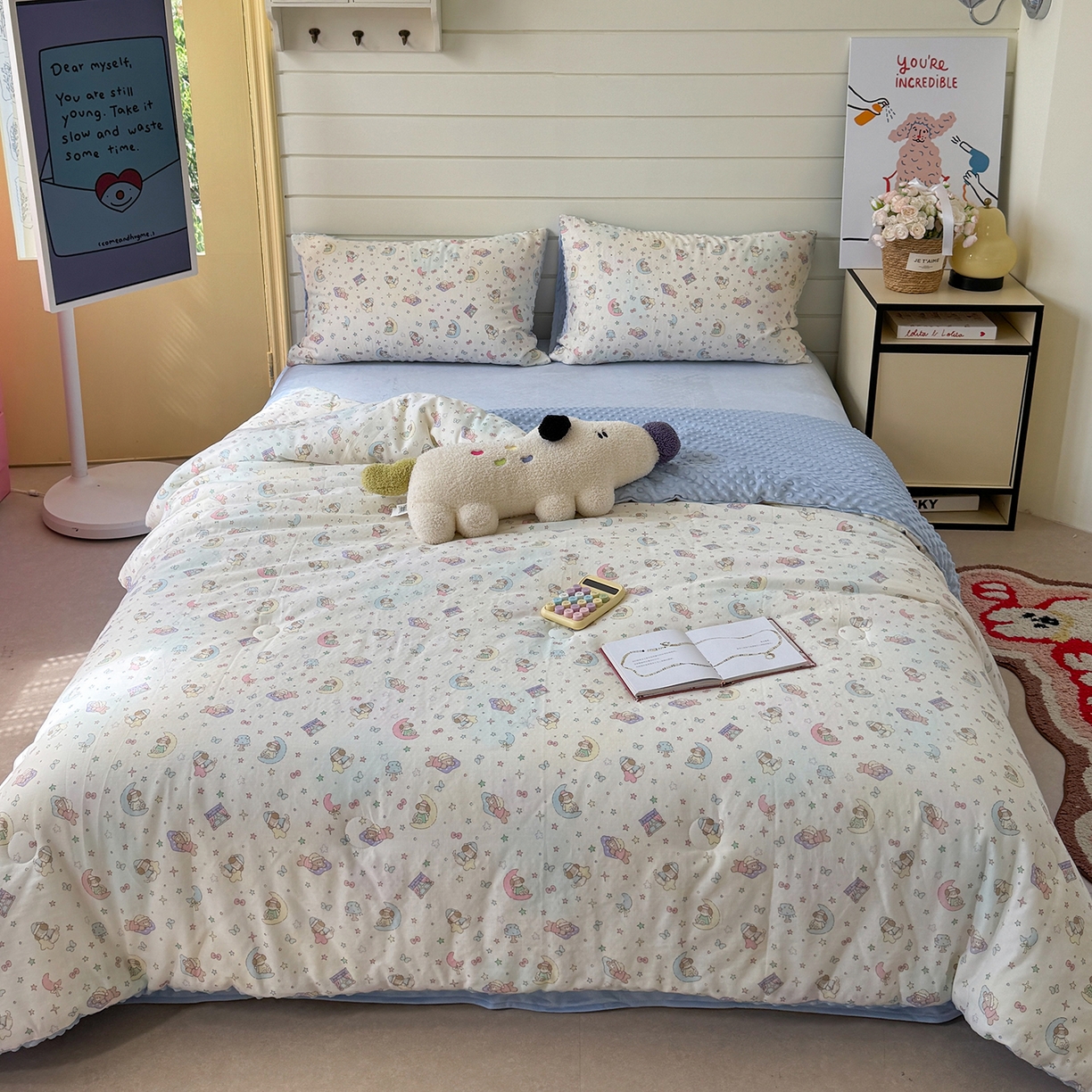 91家纺网 家纺一手货源 找家纺 麦伦家居 2025新款全棉双层纱3D豆豆被系列被子被芯（可配四件套） 晚安熊