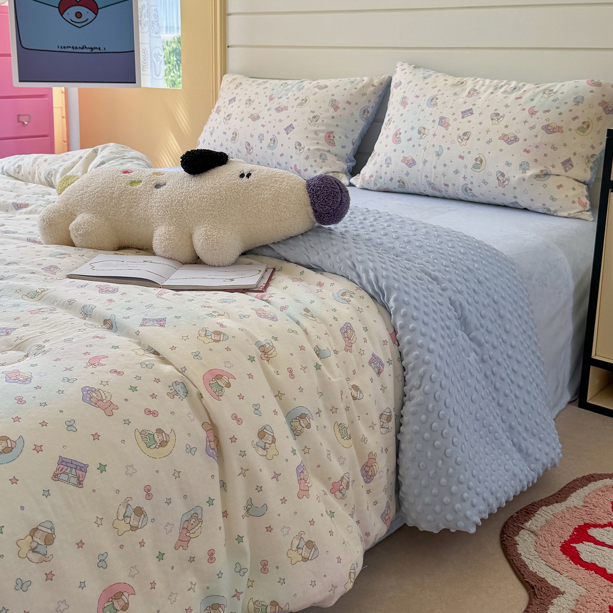 91家纺网 家纺一手货源 找家纺 麦伦家居 2025新款全棉双层纱3D豆豆被系列被子被芯（可配四件套） 晚安熊