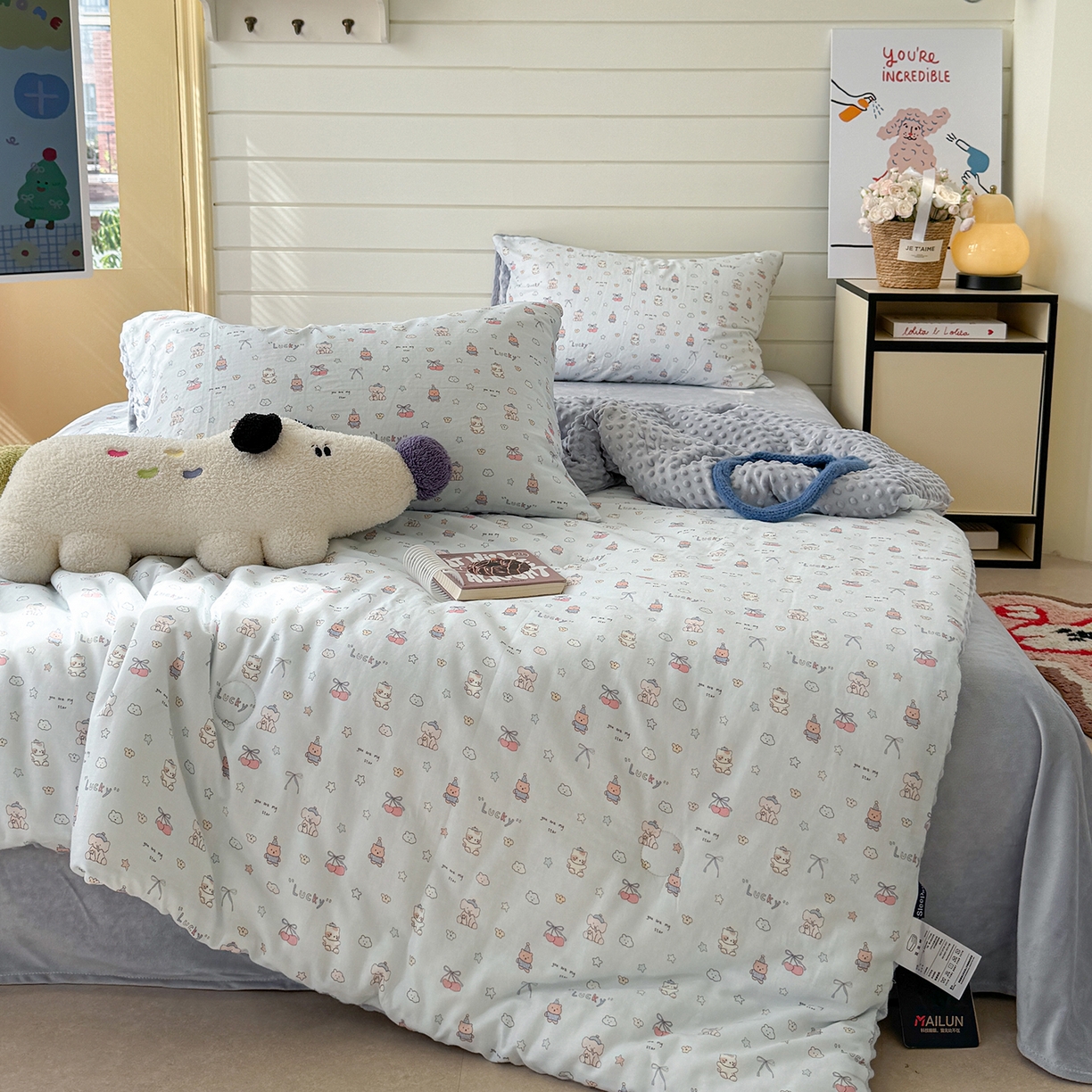 91家纺网 家纺一手货源 找家纺 麦伦家居 2025新款全棉双层纱3D豆豆被系列被子被芯（可配四件套） 皮皮象蓝