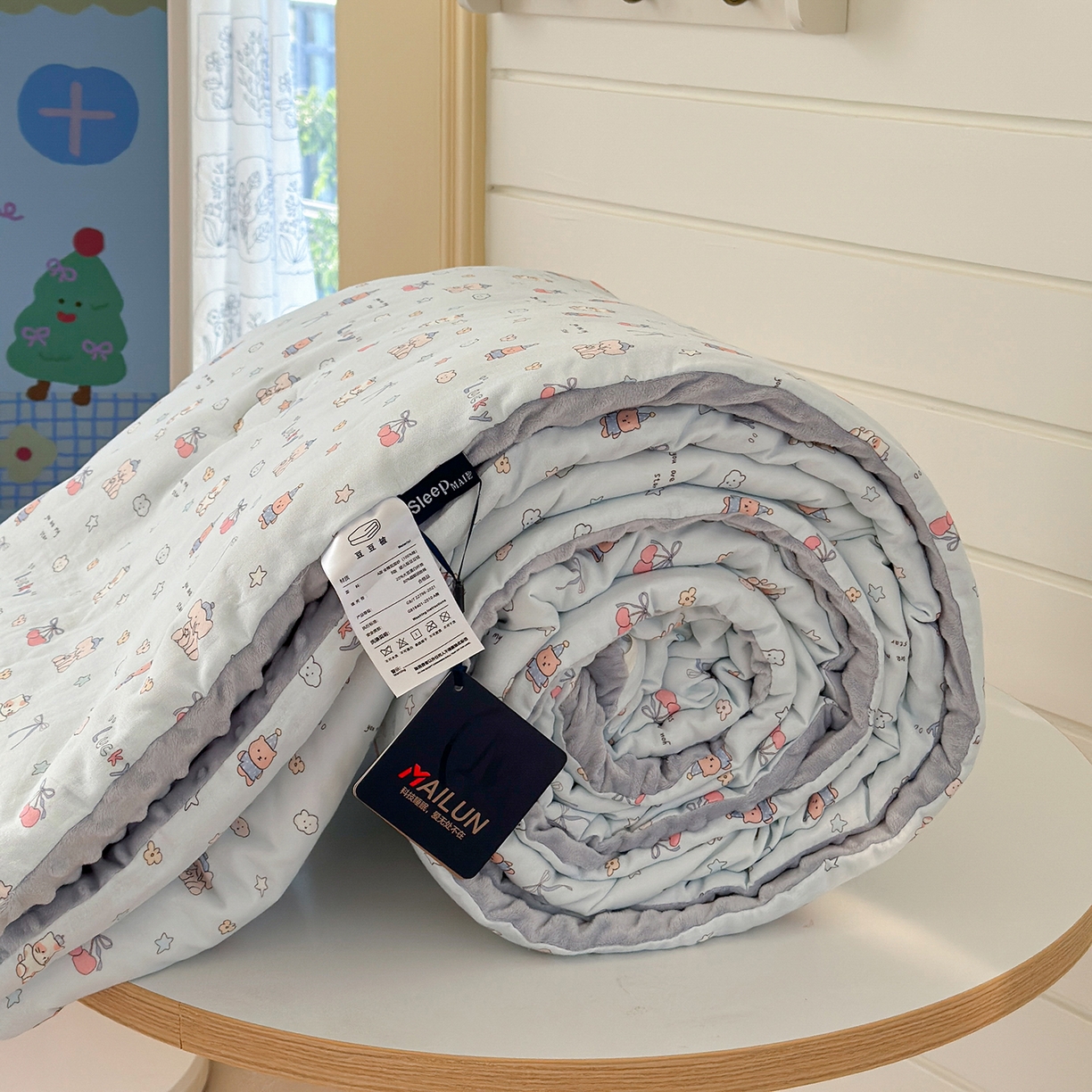 91家纺网 家纺一手货源 找家纺 麦伦家居 2025新款全棉双层纱3D豆豆被系列被子被芯（可配四件套） 皮皮象蓝