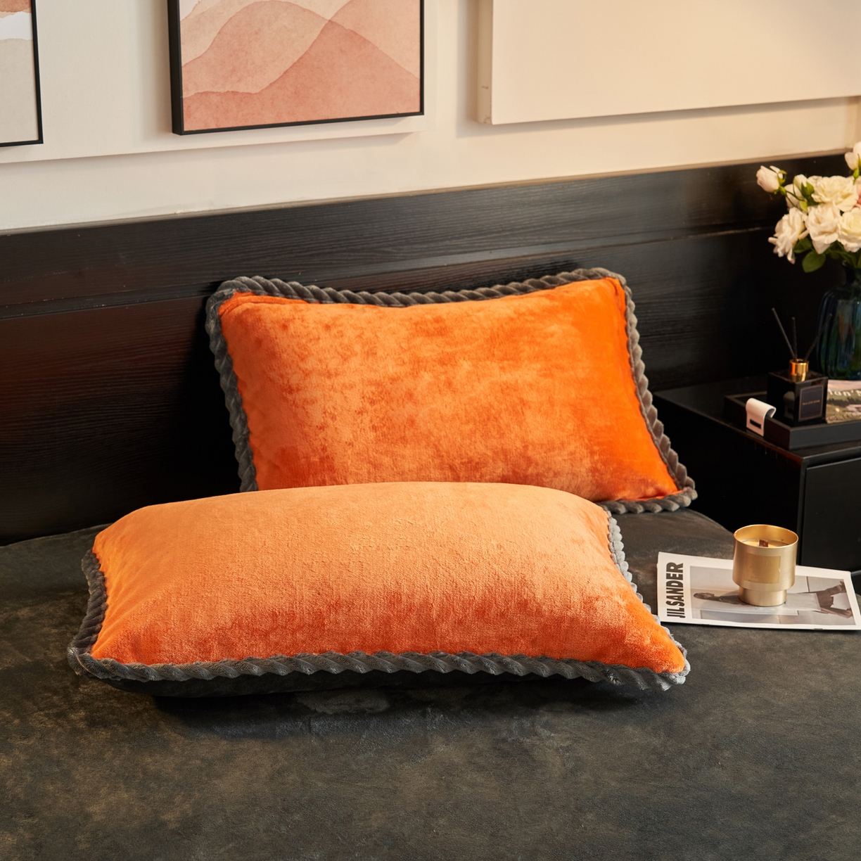 91家纺网 家纺一手货源 找家纺 早晨家纺 2025新款黑金牛奶绒纯色四件套-风格1 黑金-桔色