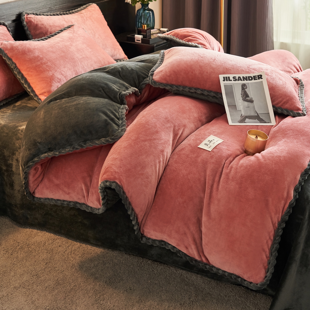 91家纺网 家纺一手货源 找家纺 早晨家纺 2025新款黑金牛奶绒纯色四件套-风格1 黑金-豆沙