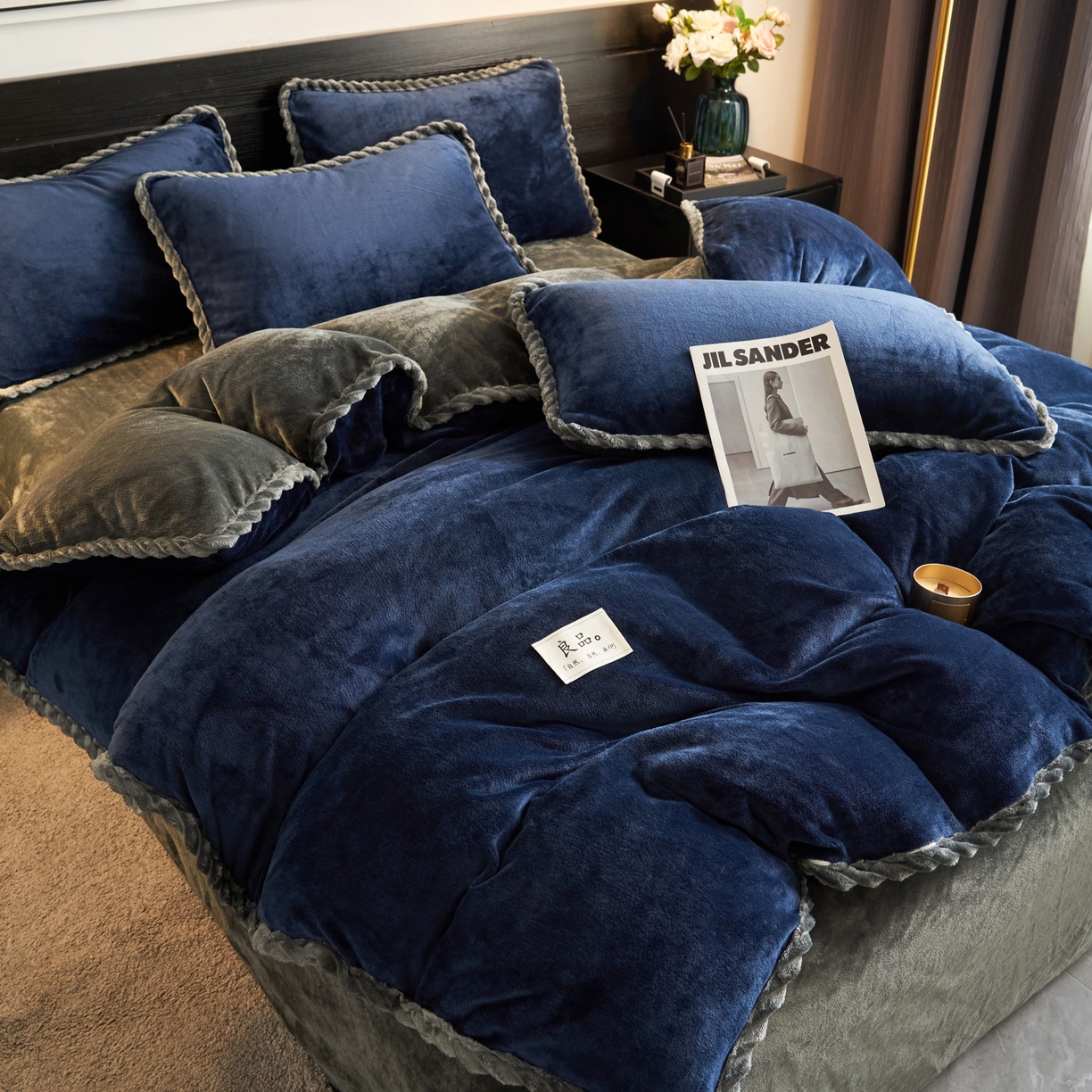 91家纺网 家纺一手货源 找家纺 早晨家纺 2025新款黑金牛奶绒纯色四件套-风格1 黑金-深蓝