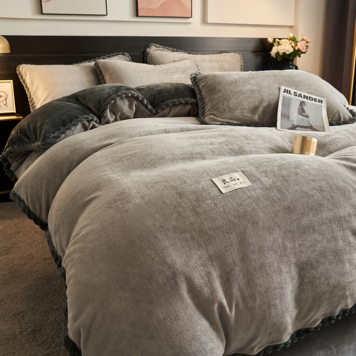 91家纺网 家纺一手货源 找家纺 早晨家纺 2025新款黑金牛奶绒纯色四件套-风格1 黑金-浅灰