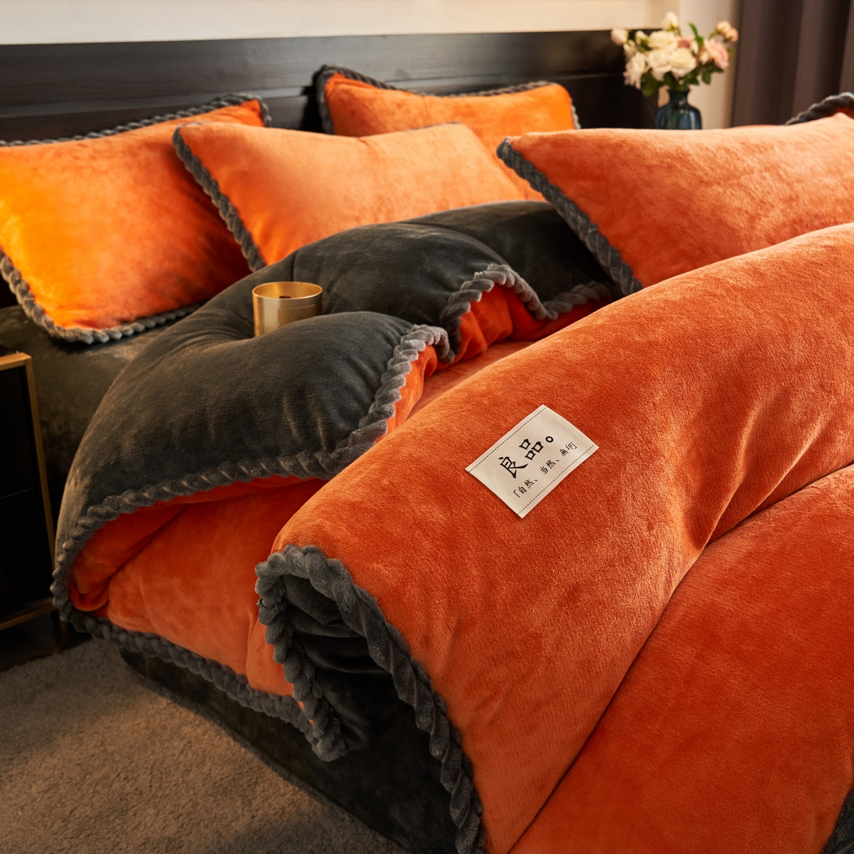 91家纺网 家纺一手货源 找家纺 早晨家纺 2025新款黑金牛奶绒纯色四件套-风格1 黑金-桔色