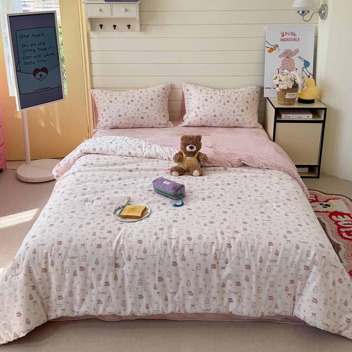 麦伦家居 2025新款全棉双层纱3D豆豆被系列被子被芯（可配四件套） 皮皮象粉