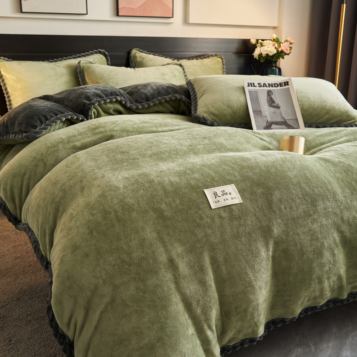 91家纺网 家纺一手货源 找家纺 早晨家纺 2025新款黑金牛奶绒纯色四件套-风格1 黑金-草绿