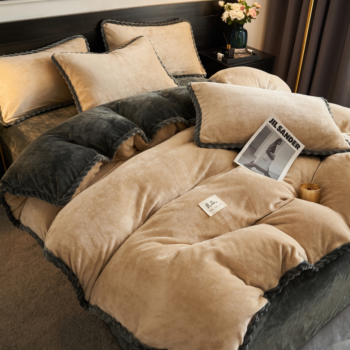 91家纺网 家纺一手货源 找家纺 早晨家纺 2025新款黑金牛奶绒纯色四件套-风格1 黑金-米驼