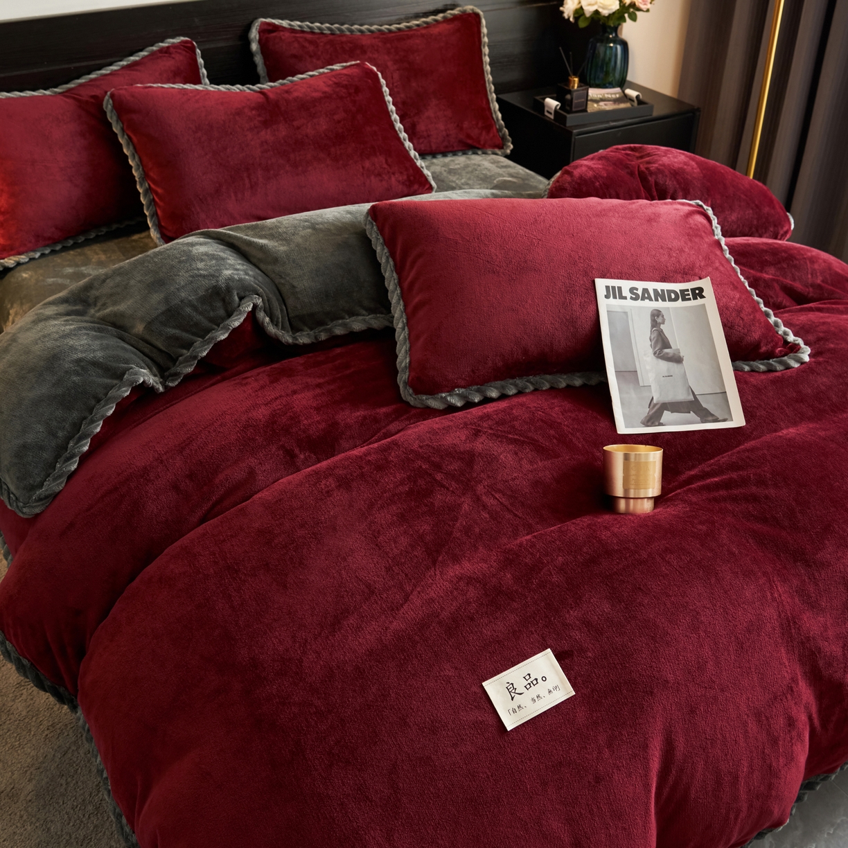 91家纺网 家纺一手货源 找家纺 早晨家纺 2025新款黑金牛奶绒纯色四件套-风格1 黑金-酒红