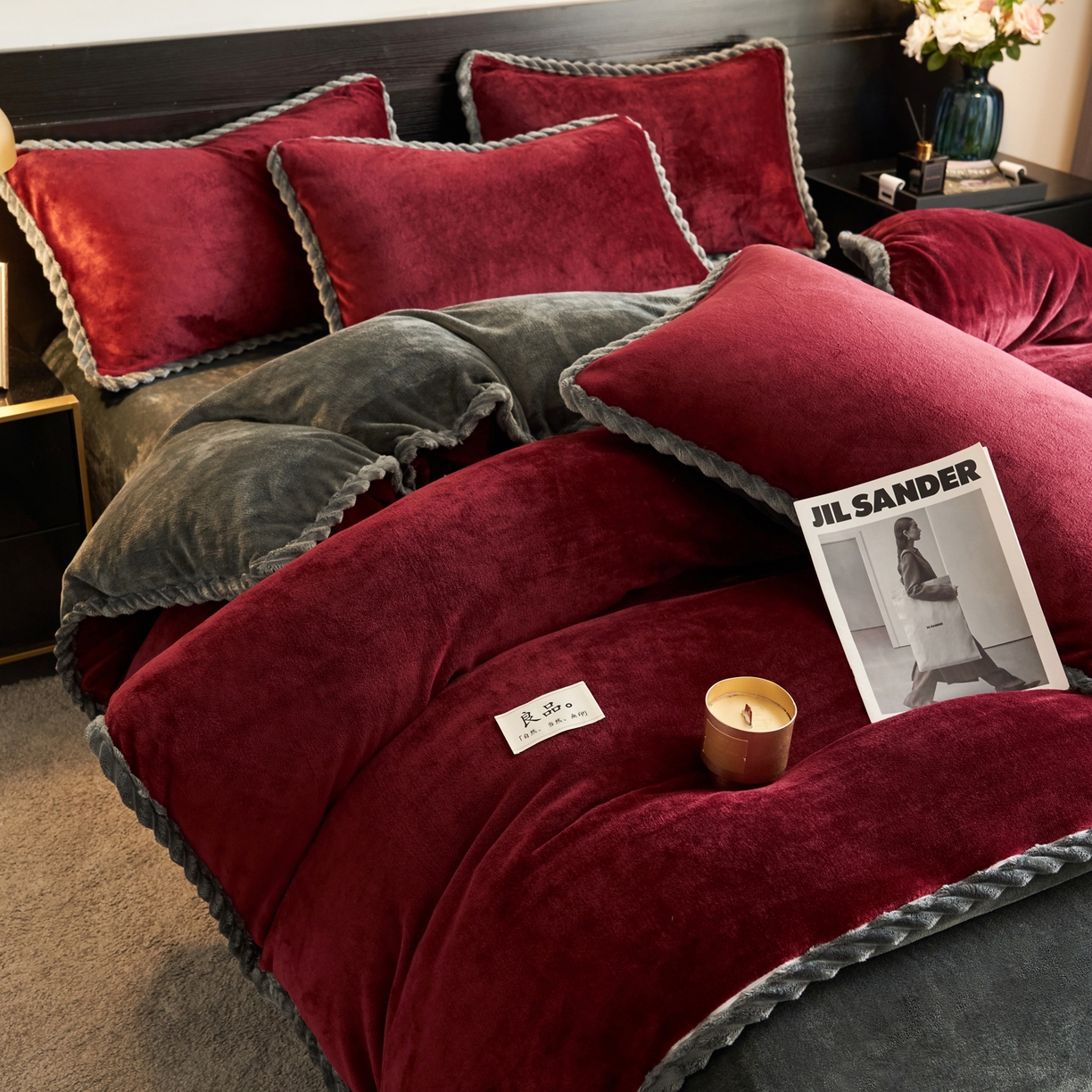 早晨家纺 2025新款黑金牛奶绒纯色四件套-风格1 黑金-酒红