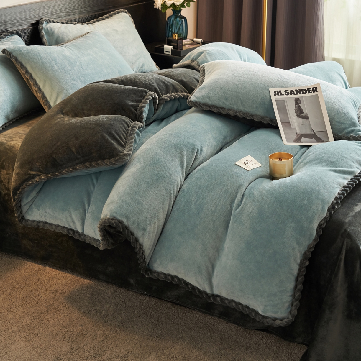 91家纺网 家纺一手货源 找家纺 早晨家纺 2025新款黑金牛奶绒纯色四件套-风格1 黑金-孔蓝