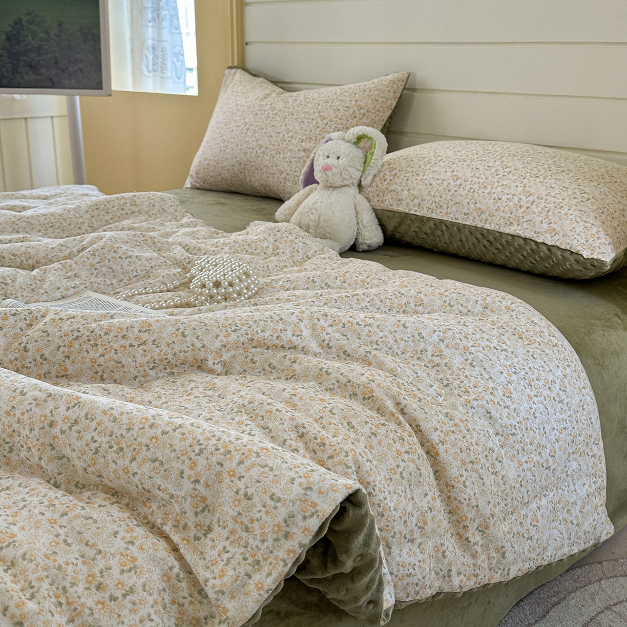 91家纺网 家纺一手货源 找家纺 麦伦家居 2025新款全棉双层纱3D豆豆被系列被子被芯（可配四件套） 兰香-抹茶