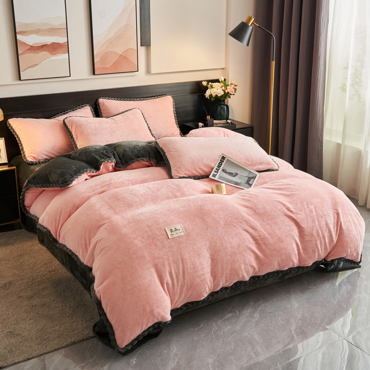 91家纺网 家纺一手货源 找家纺 早晨家纺 2025新款黑金牛奶绒纯色四件套-风格1 黑金-玉色