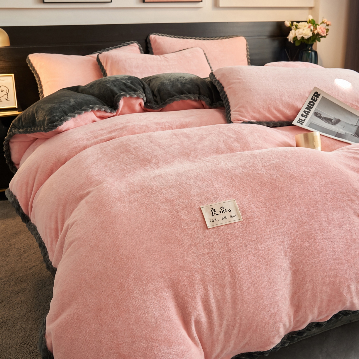 91家纺网 家纺一手货源 找家纺 早晨家纺 2025新款黑金牛奶绒纯色四件套-风格1 黑金-玉色