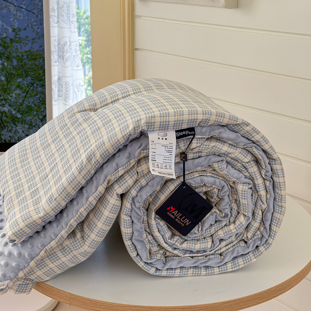 91家纺网 家纺一手货源 找家纺 麦伦家居 2025新款全棉双层纱3D豆豆被系列被子被芯（可配四件套） 奶油松饼蓝