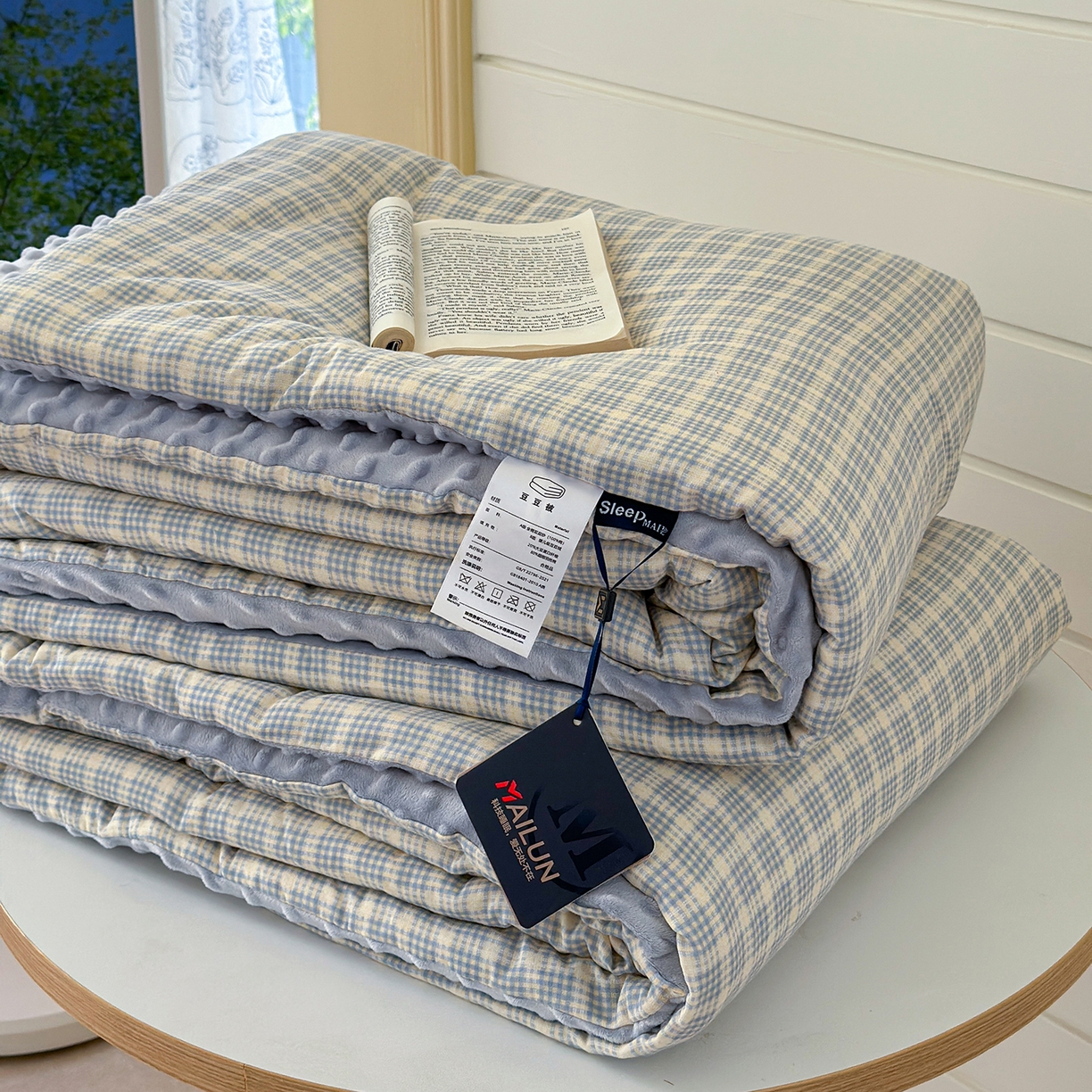 91家纺网 家纺一手货源 找家纺 麦伦家居 2025新款全棉双层纱3D豆豆被系列被子被芯（可配四件套） 奶油松饼蓝