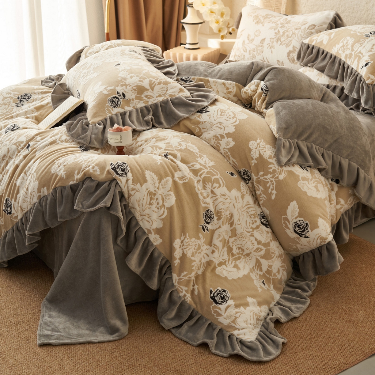 91家纺网 家纺一手货源 找家纺 早晨家纺 2025新款高克重牛奶绒烂花四件套 雅庭花叙