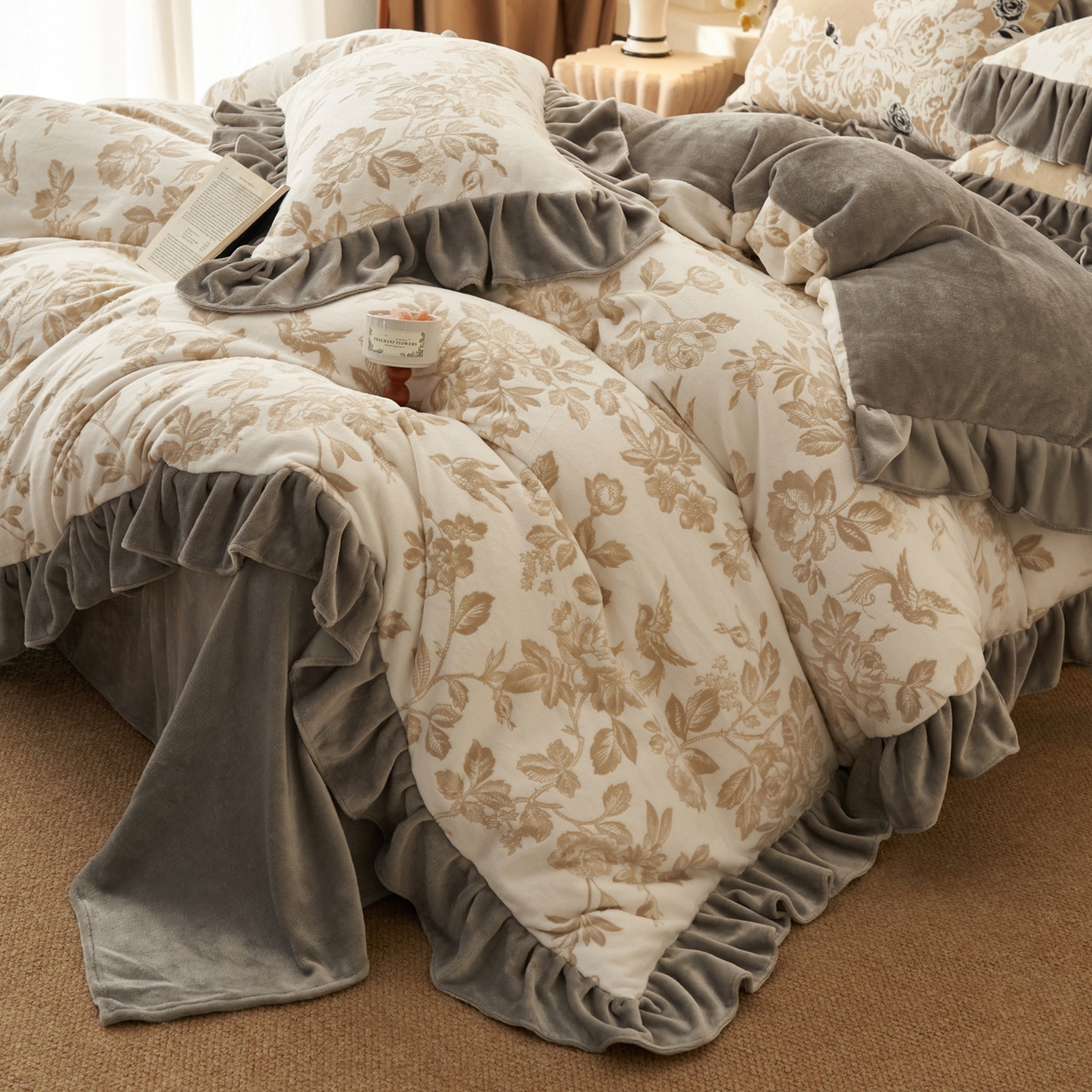 91家纺网 家纺一手货源 找家纺 早晨家纺 2025新款高克重牛奶绒烂花四件套 金叶漫