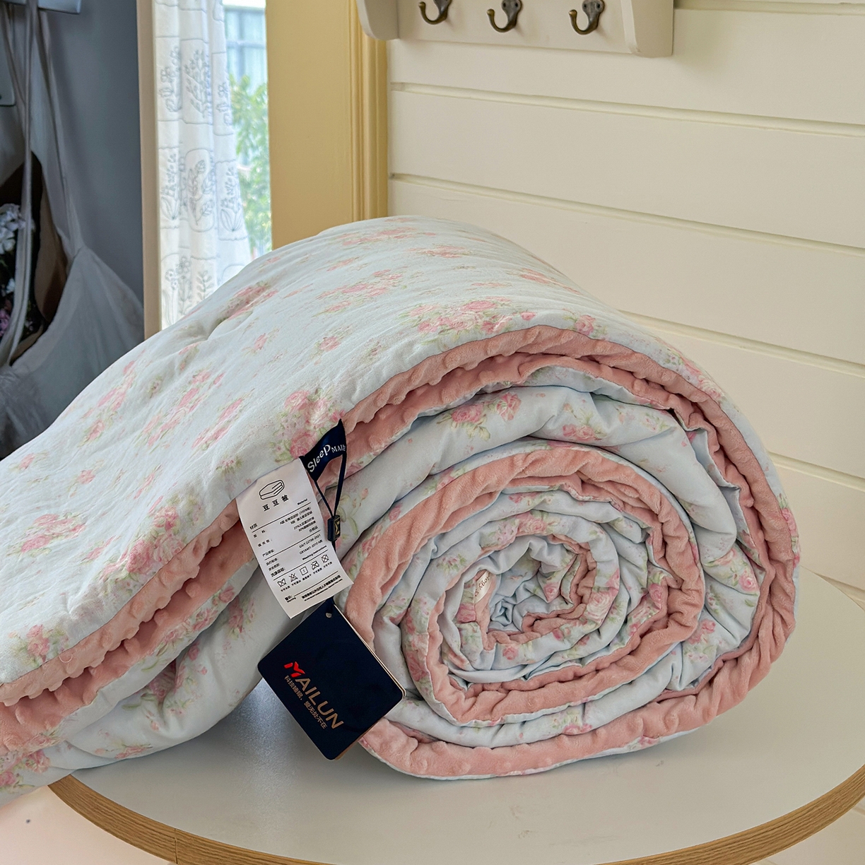 91家纺网 家纺一手货源 找家纺 麦伦家居 2025新款全棉双层纱3D豆豆被系列被子被芯（可配四件套） 蓝汐