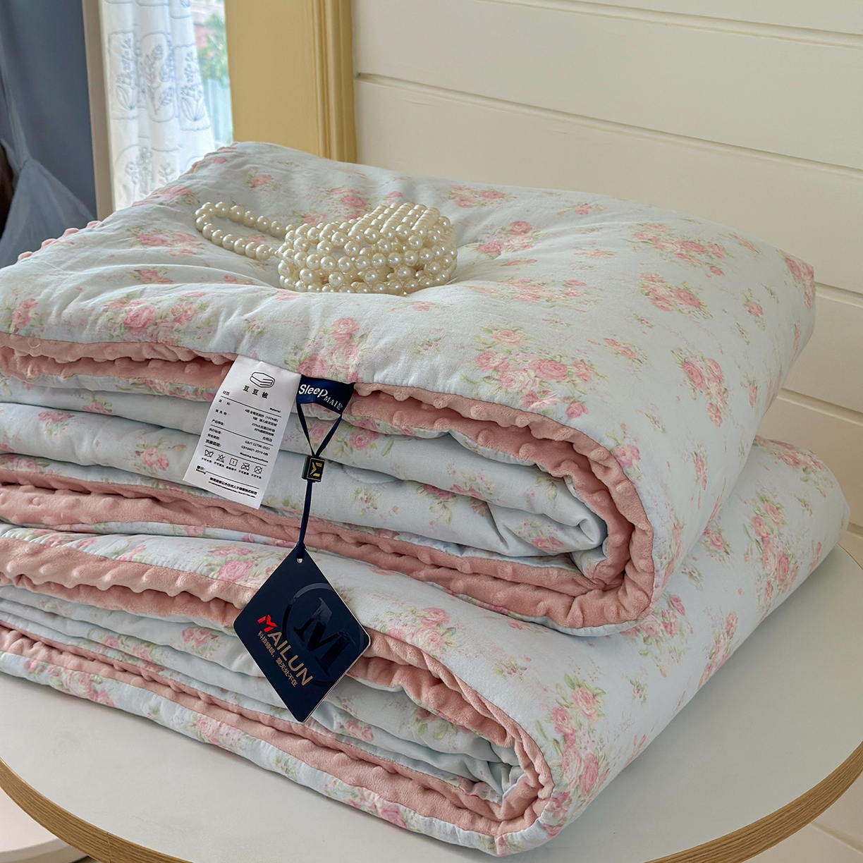 91家纺网 家纺一手货源 找家纺 麦伦家居 2025新款全棉双层纱3D豆豆被系列被子被芯（可配四件套） 蓝汐