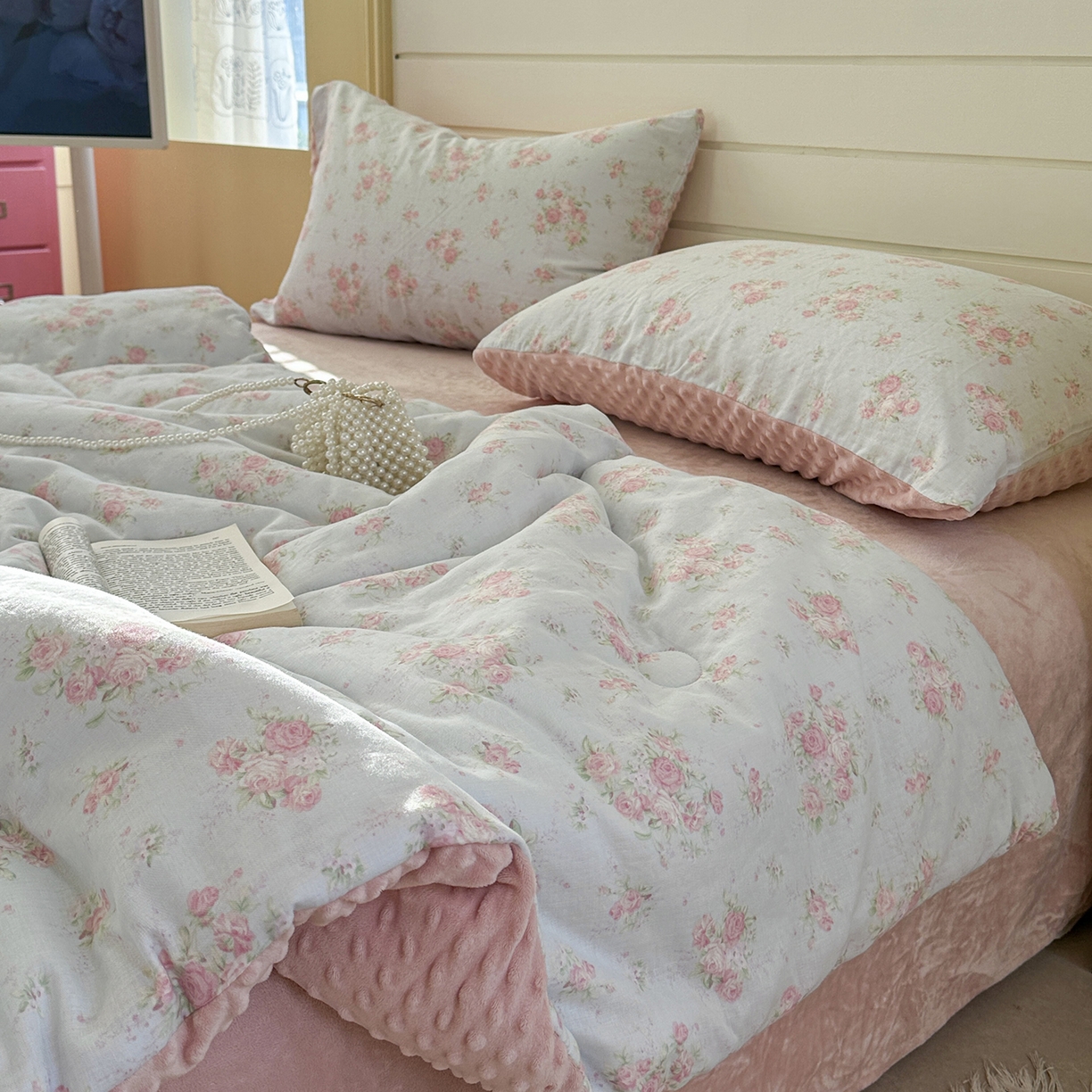 91家纺网 家纺一手货源 找家纺 麦伦家居 2025新款全棉双层纱3D豆豆被系列被子被芯（可配四件套） 蓝汐