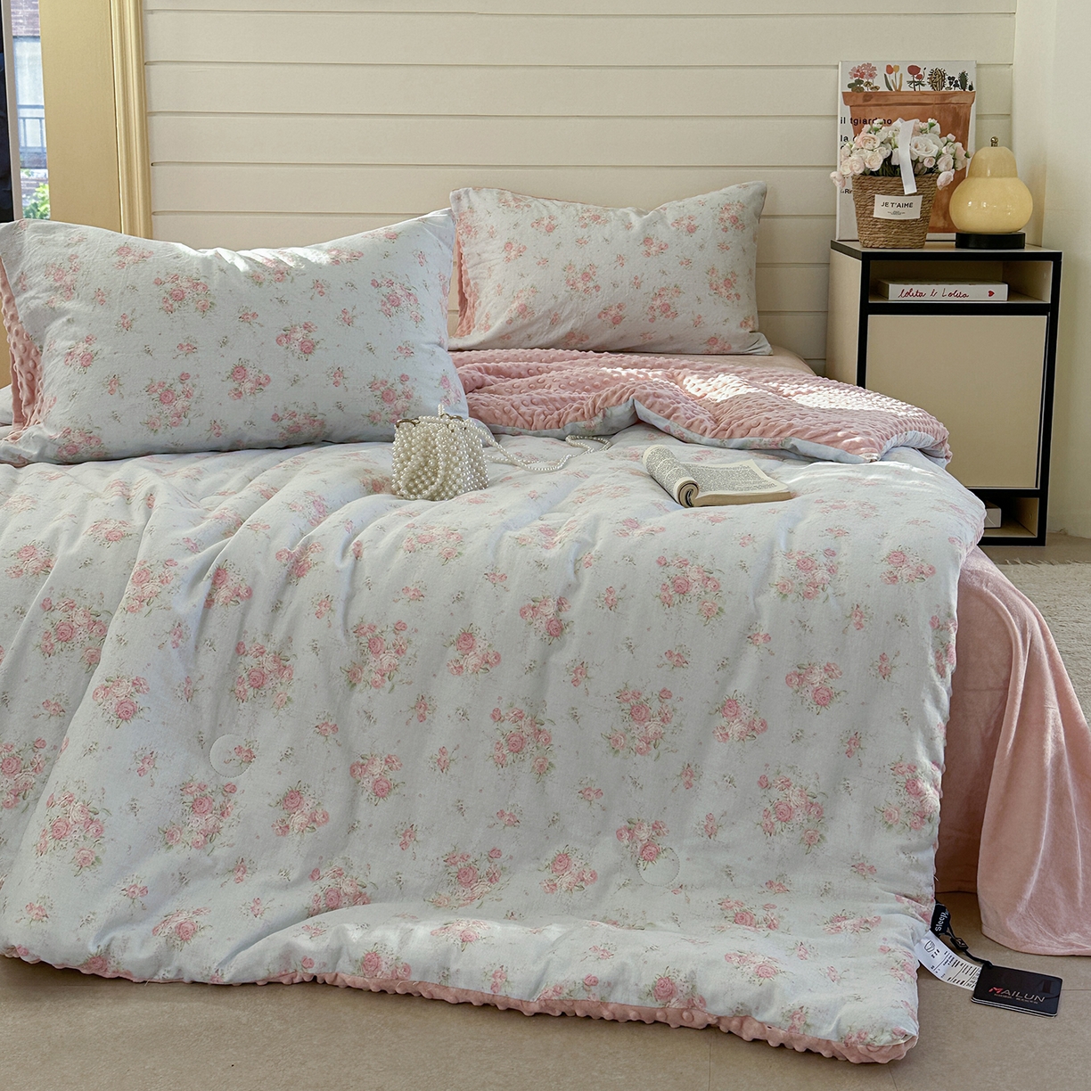 91家纺网 家纺一手货源 找家纺 麦伦家居 2025新款全棉双层纱3D豆豆被系列被子被芯（可配四件套） 蓝汐