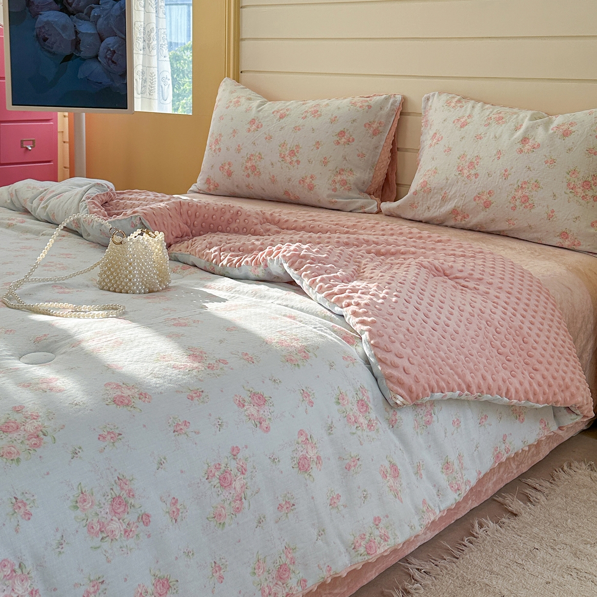 91家纺网 家纺一手货源 找家纺 麦伦家居 2025新款全棉双层纱3D豆豆被系列被子被芯（可配四件套） 蓝汐