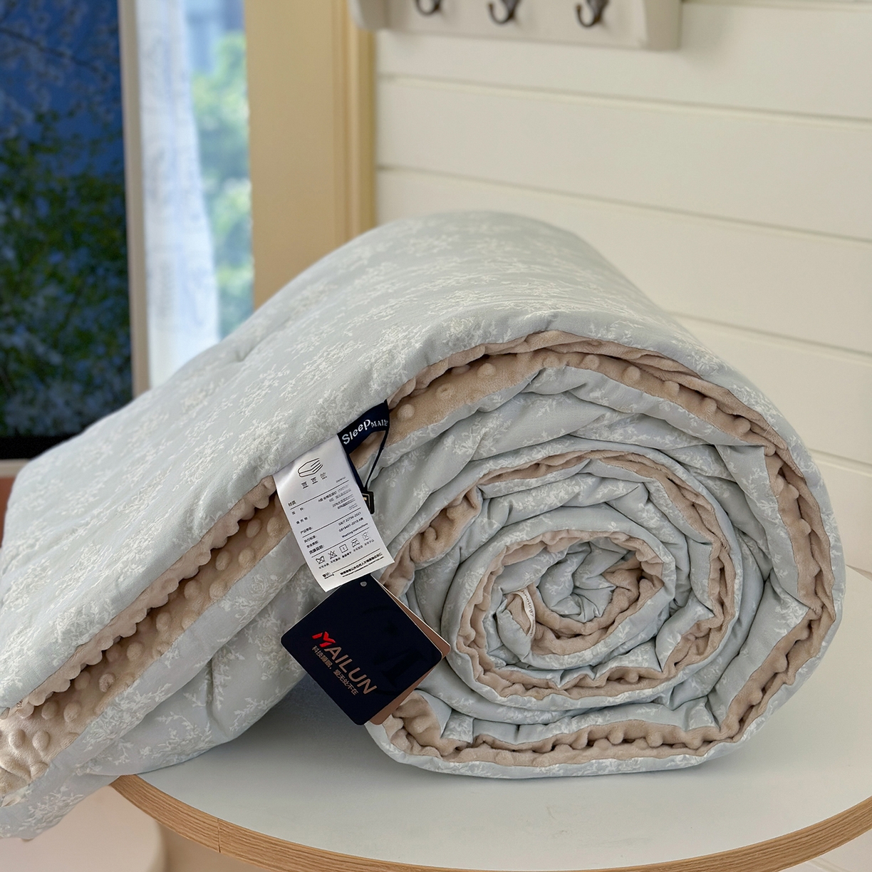 91家纺网 家纺一手货源 找家纺 麦伦家居 2025新款全棉双层纱3D豆豆被系列被子被芯（可配四件套） 蓝韵