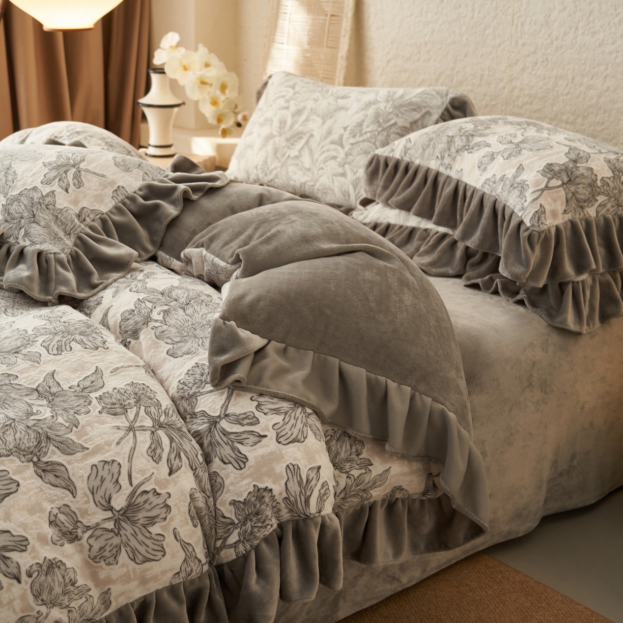 91家纺网 家纺一手货源 找家纺 早晨家纺 2025新款高克重牛奶绒烂花四件套 素花漫庭