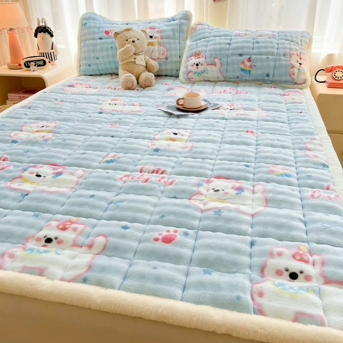 91家纺网 家纺一手货源 找家纺 梵朴 2025新款牛奶绒泡泡兔毛绒床垫学生宿舍床褥子床护垫大床款印花系列 音乐狗蓝