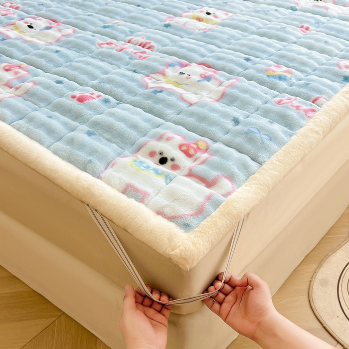 91家纺网 家纺一手货源 找家纺 梵朴 2025新款牛奶绒泡泡兔毛绒床垫学生宿舍床褥子床护垫大床款印花系列 音乐狗蓝