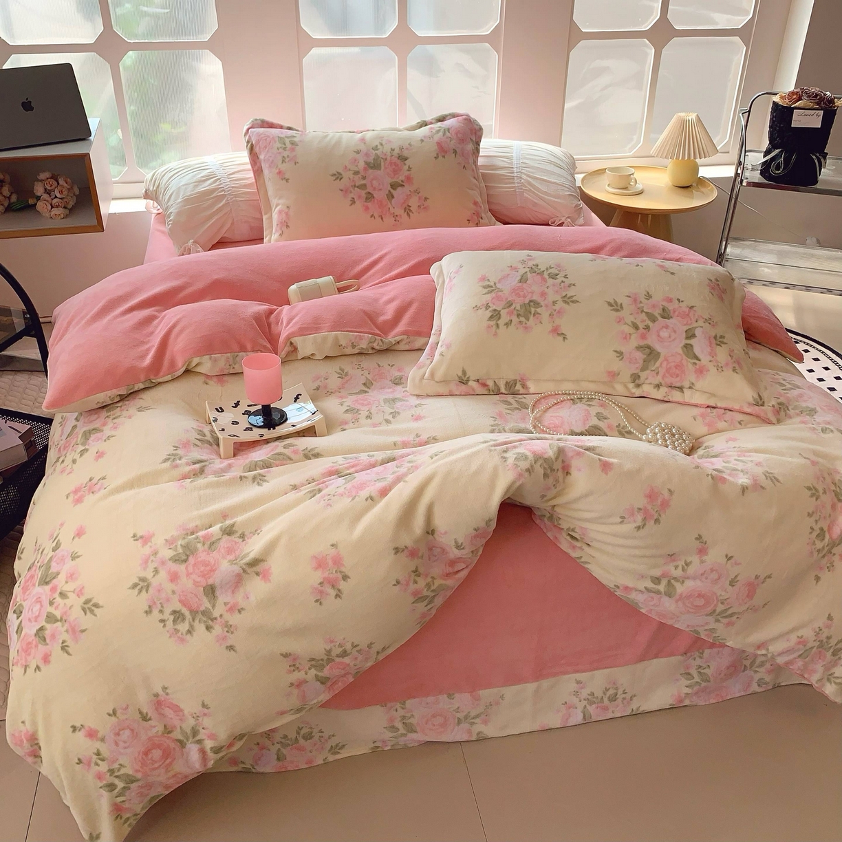 91家纺网 家纺一手货源 找家纺 莱豫家纺 2025新款加厚牛奶绒三件套四件套保暖不静电 玫瑰粉