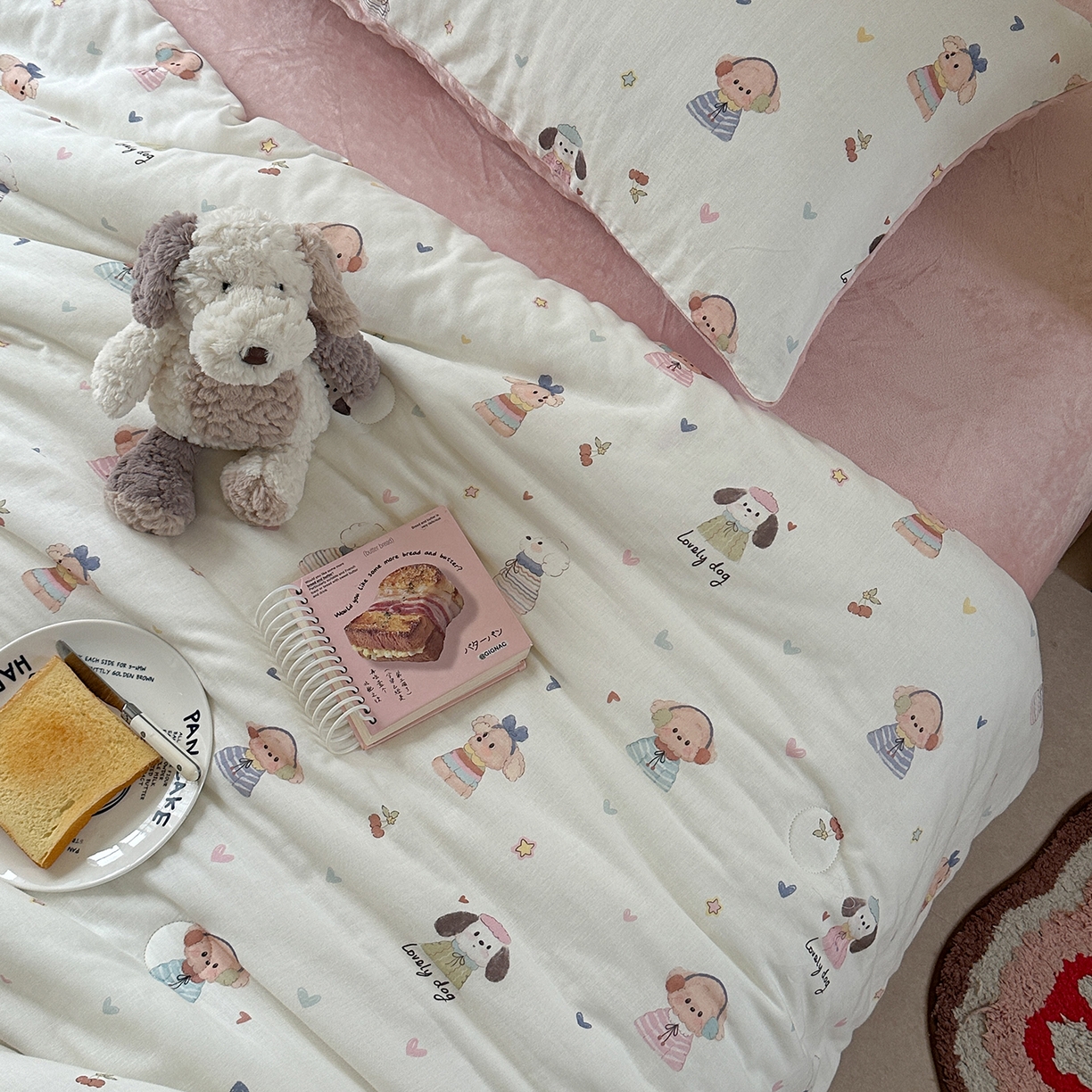 91家纺网 家纺一手货源 找家纺 麦伦家居 2025新款全棉双层纱3D豆豆被系列被子被芯（可配四件套） 快乐小狗