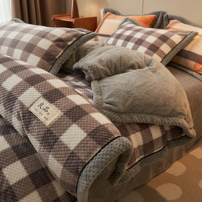 91家纺网 家纺一手货源 找家纺 早晨家纺 2025新款豆豆款菠萝格提花四件套 豆豆绒-多哥咖