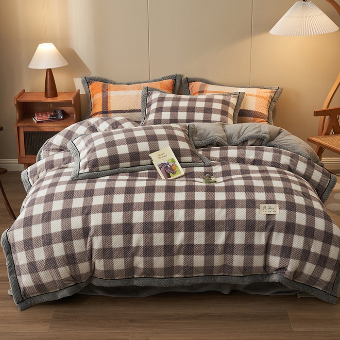 91家纺网 家纺一手货源 找家纺 早晨家纺 2025新款豆豆款菠萝格提花四件套 豆豆绒-多哥咖