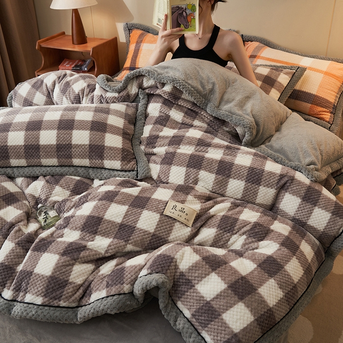 91家纺网 家纺一手货源 找家纺 早晨家纺 2025新款豆豆款菠萝格提花四件套 豆豆绒-多哥咖