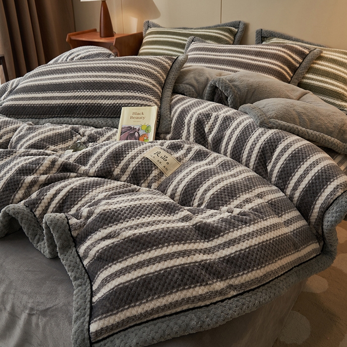 91家纺网 家纺一手货源 找家纺 早晨家纺 2025新款豆豆款菠萝格提花四件套 豆豆绒-灰条