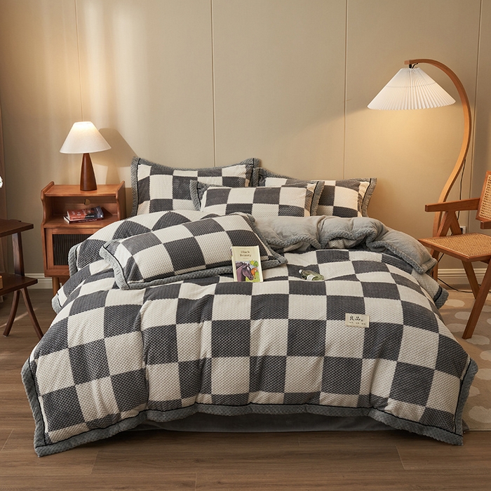 91家纺网 家纺一手货源 找家纺 早晨家纺 2025新款豆豆款菠萝格提花四件套 豆豆绒-大方格灰